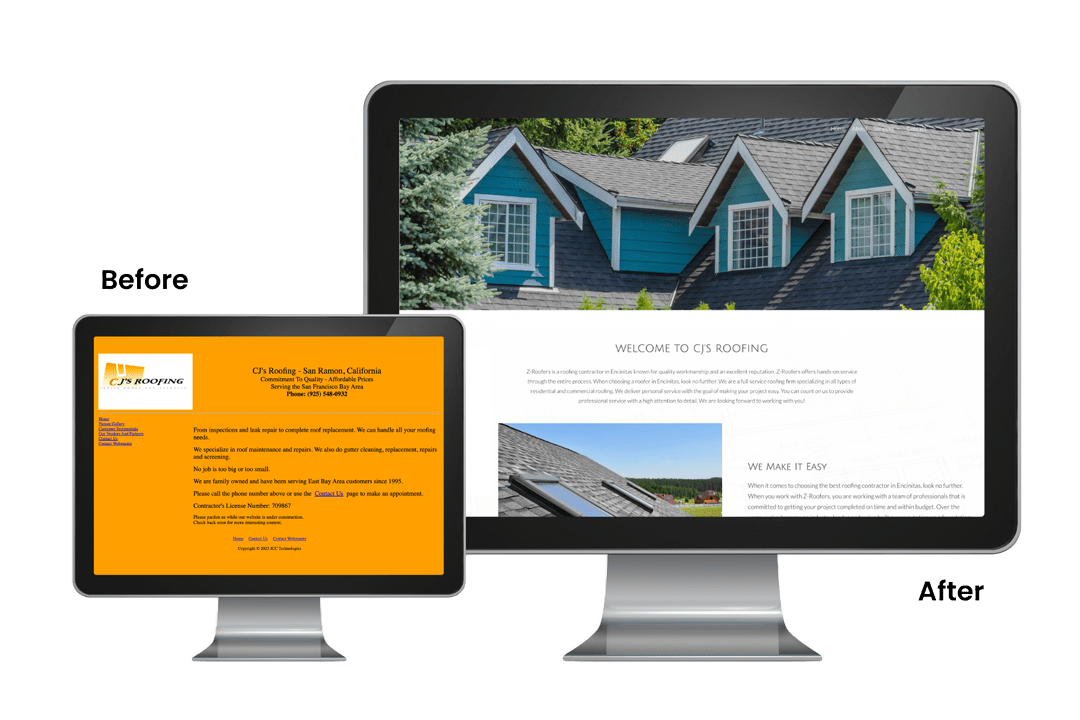 A before-and-after comparison of a website redesign on two monitors. The left monitor shows the old design with a plain orange background, while the right shows the new design with a modern, visually rich interface.