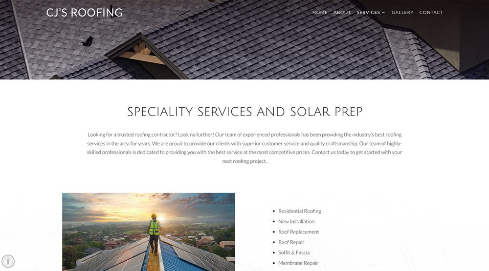Screenshot of CJ's Roofing website. The text highlights services such as residential roofing, new installations, solar prep, repairs, and gutter installation. The page includes an image of a worker on a roof.