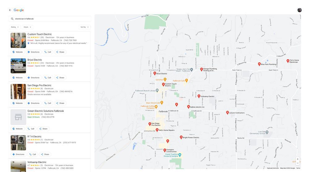 A Google Maps search results page showing various electrical services locations in Fallbrook, CA, marked with red location pins. Listings with reviews are displayed on the left side.