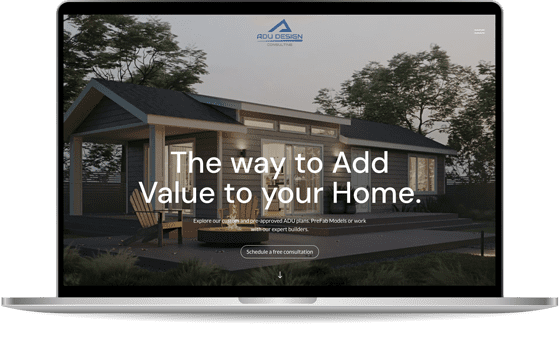 lapmock-adudesign Image of a laptop displaying a website with an ADU (Accessory Dwelling Unit) design. The screen shows a modern tiny house exterior with text overlay: "The way to Add Value to your Home.