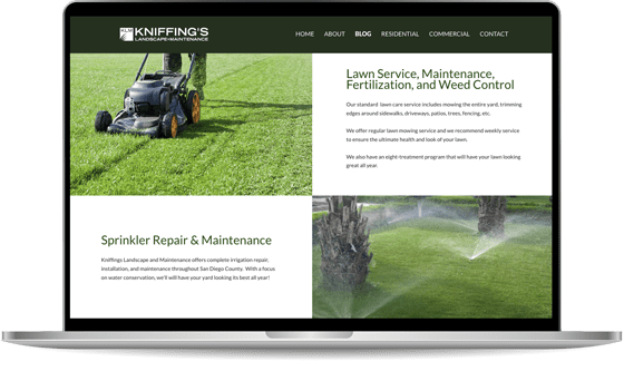 lapmock-kniffings A laptop screen displays Kniffing's Landscaping website offering services like lawn maintenance, sprinkler repair, and weed control. The homepage includes a lawn mower image and sections detailing services.