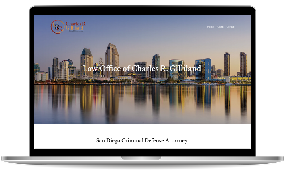 Laptop screen displaying the website of the Law Office of Charles R. Gilliland, featuring the San Diego skyline and text about a criminal defense attorney.