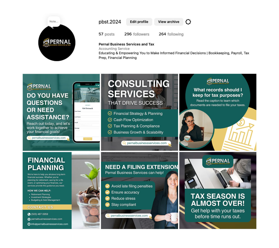 A grid of Pernal Business Services and Tax social media posts, promoting financial planning, consulting services, assistance queries, filing extensions, and tax season alerts.