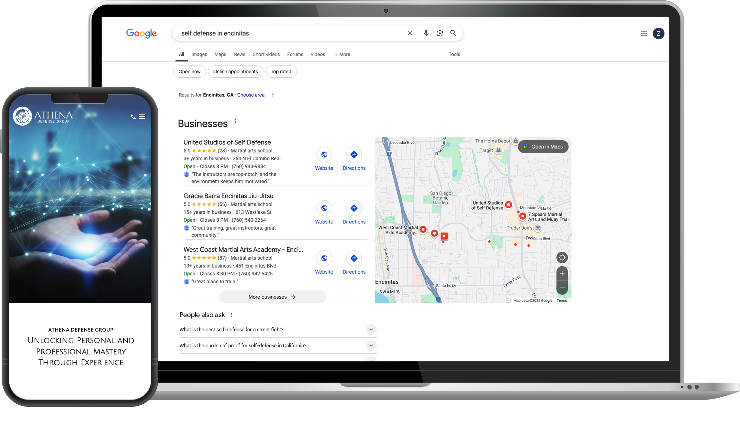 A laptop shows Google search results for "self defense in Encinitas" with a map and business listings; a smartphone displays an Athena Defense Group web page.