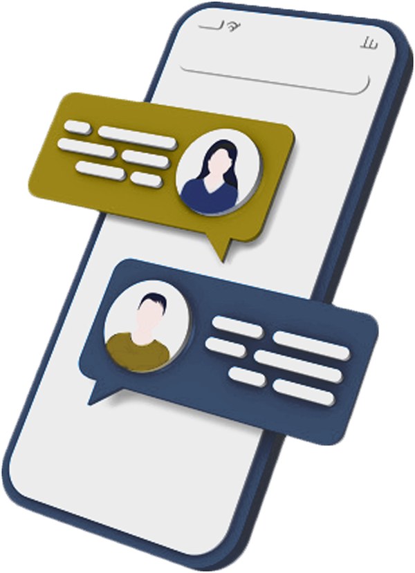 A smartphone screen displays a messaging app interface with two illustrated chat bubbles, each containing an avatar and message lines.