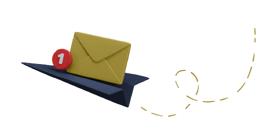 A yellow envelope with a red notification badge showing the number one sits on a dark blue paper airplane, with a dotted flight path trailing behind.